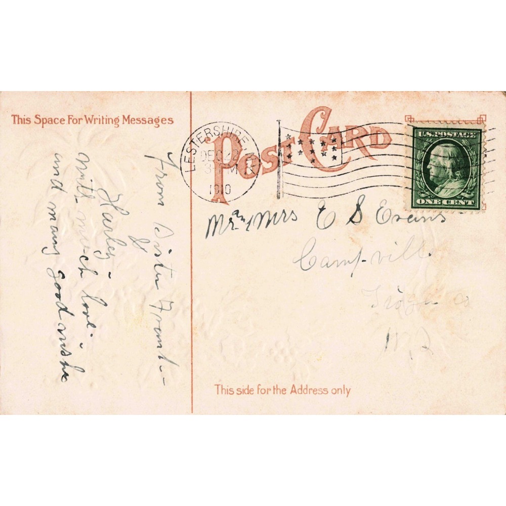 Antique Yuletide Greetings Postcard 1910 Poinsettia Holly 1c Franklin Stamp VG - Picture 2 of 2
